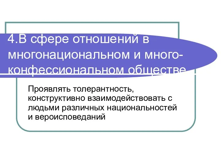 4.В сфере отношений в многонациональном и много- конфессиональном обществе Проявлять толерантность,