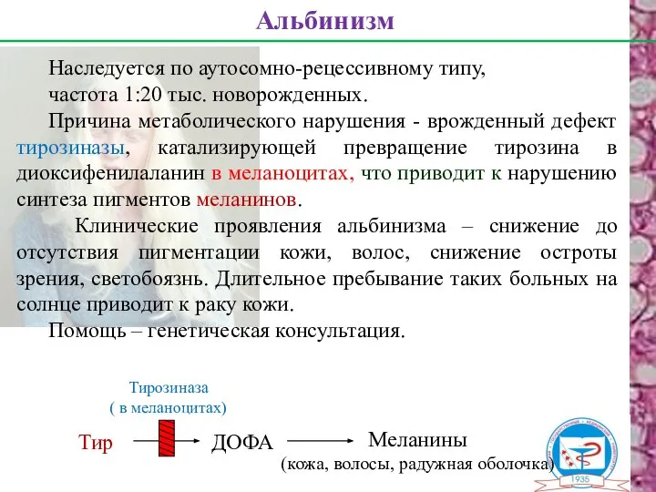 Наследуется по аутосомно-рецессивному типу, частота 1:20 тыс. новорожденных. Причина метаболического нарушения