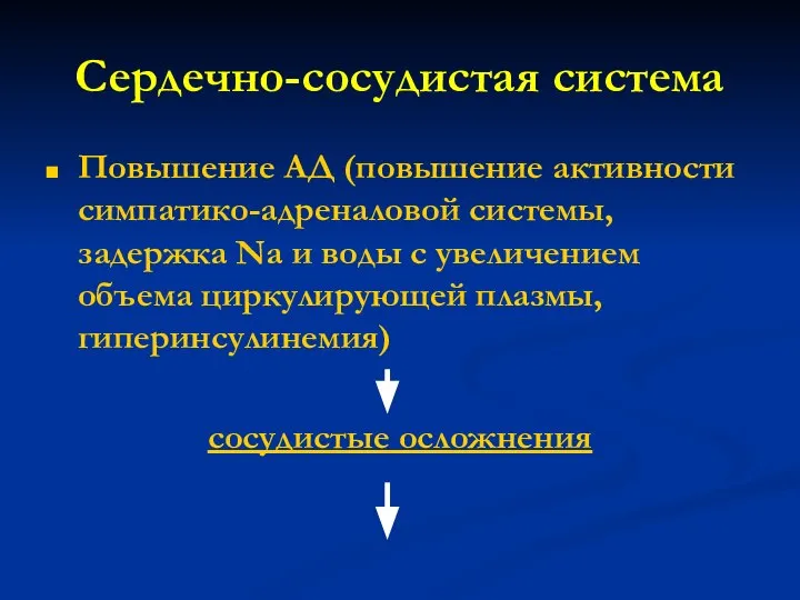 Сердечно-сосудистая система Повышение АД (повышение активности симпатико-адреналовой системы, задержка Na и