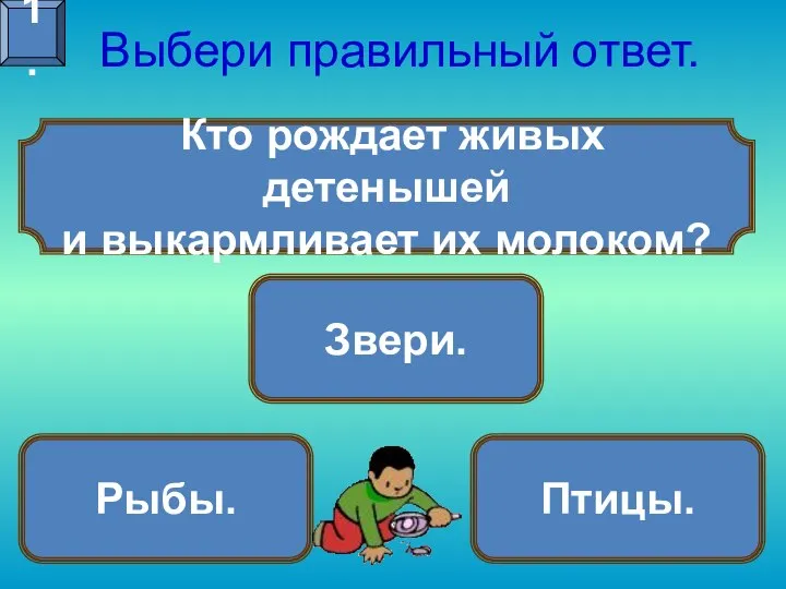 Кто рождает живых детенышей и выкармливает их молоком? Выбери правильный ответ. Звери. Рыбы. Птицы. 1.