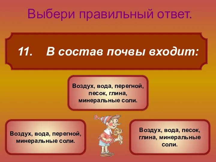 11. В состав почвы входит: Выбери правильный ответ. Воздух, вода, перегной,