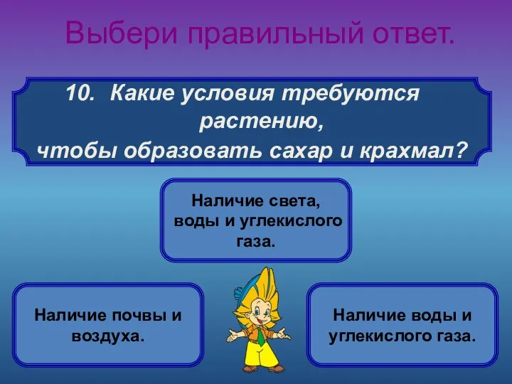 Какие условия требуются растению, чтобы образовать сахар и крахмал? Выбери правильный