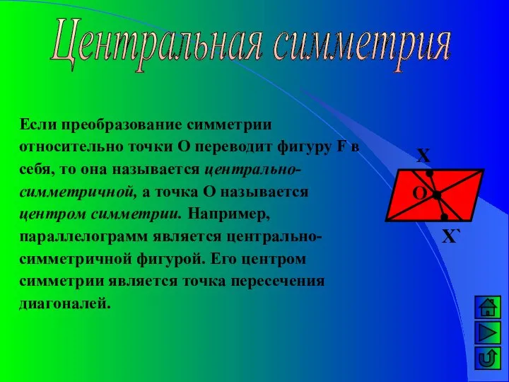 Центральная симметрия Если преобразование симметрии относительно точки О переводит фигуру F