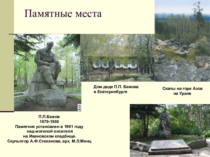 Памятные места П.П.Бажов 1879-1950 Памятник установлен в 1961 году над могилой