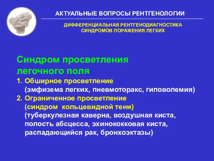 АКТУАЛЬНЫЕ ВОПРОСЫ РЕНТГЕНОЛОГИИ Синдром просветления легочного поля 1. Обширное просветление (эмфизема