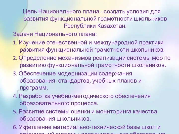 Цель Национального плана - создать условия для развития функциональной грамотности школьников