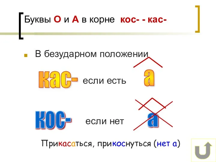 Буквы О и А в корне кос- - кас- В безударном