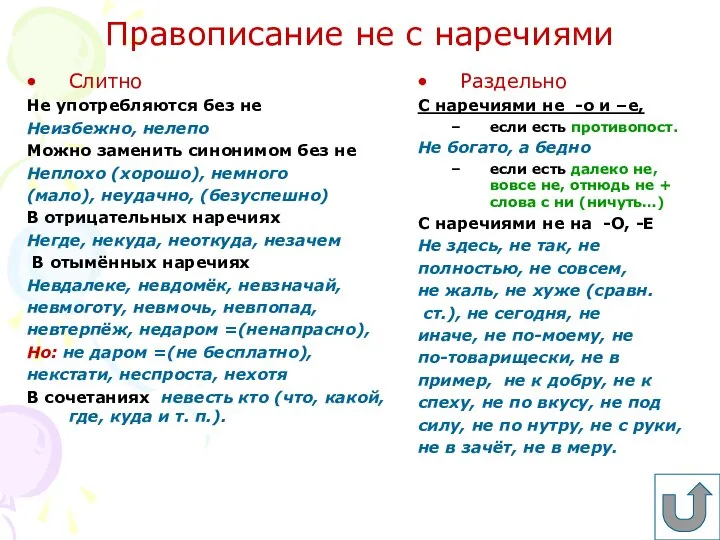 Правописание не с наречиями Слитно Не употребляются без не Неизбежно, нелепо