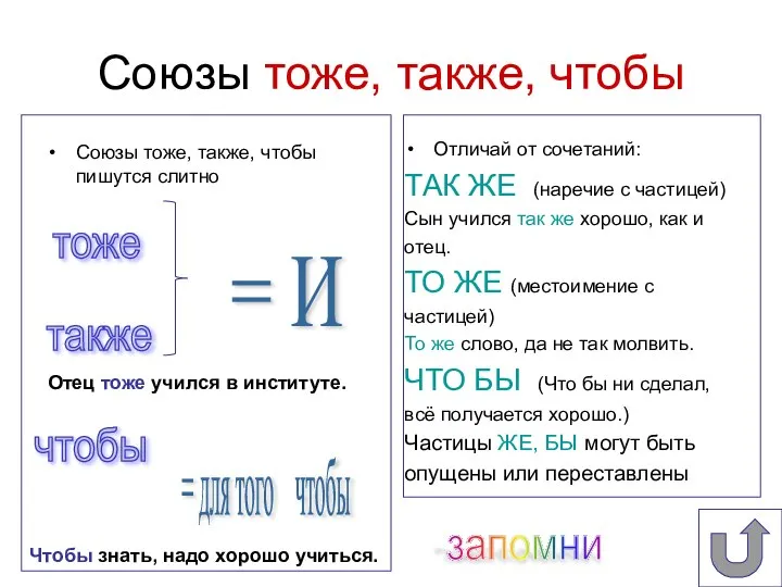 Союзы тоже, также, чтобы Союзы тоже, также, чтобы пишутся слитно Отличай