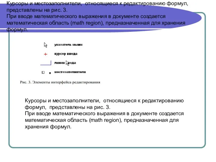 Курсоры и местозаполнители, относящиеся к редактированию формул, представлены на рис. 3.