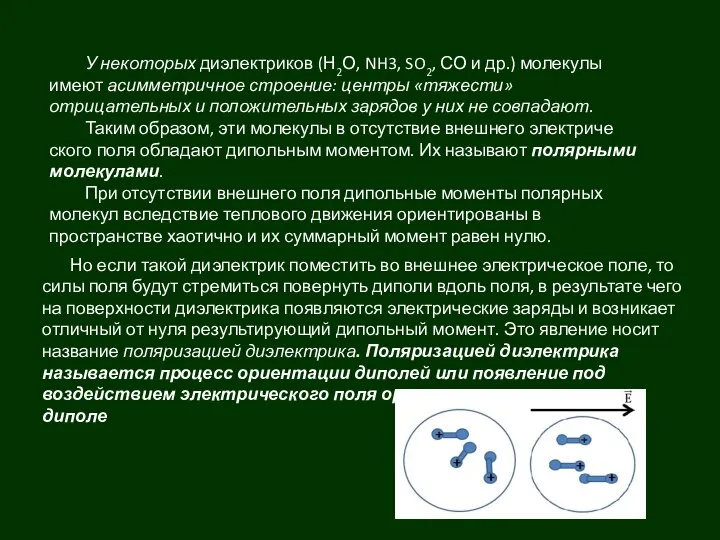У некоторых диэлектриков (Н2О, NH3, SO2, СО и др.) молекулы имеют