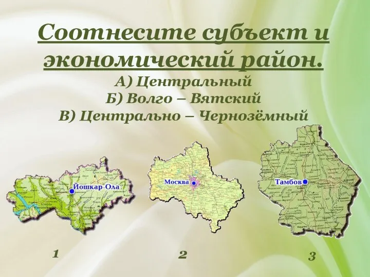 Соотнесите субъект и экономический район. А) Центральный Б) Волго – Вятский