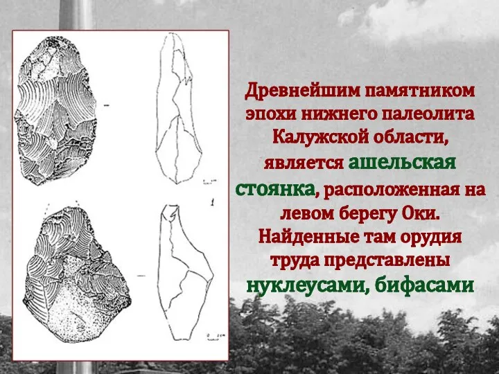 Древнейшим памятником эпохи нижнего палеолита Калужской области, является ашельская стоянка, расположенная