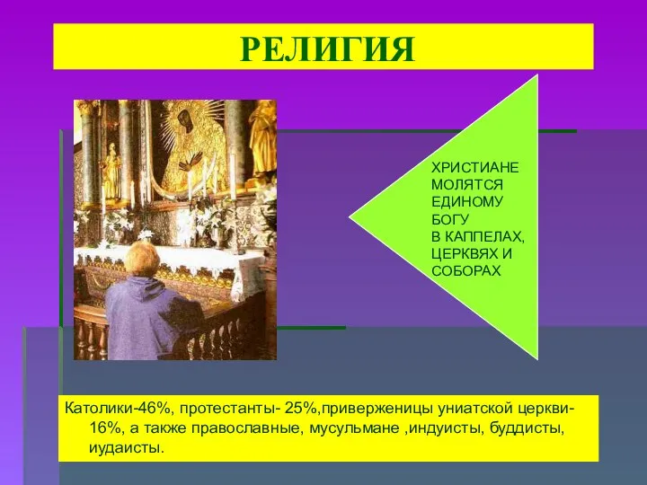 РЕЛИГИЯ Католики-46%, протестанты- 25%,приверженицы униатской церкви- 16%, а также православные, мусульмане