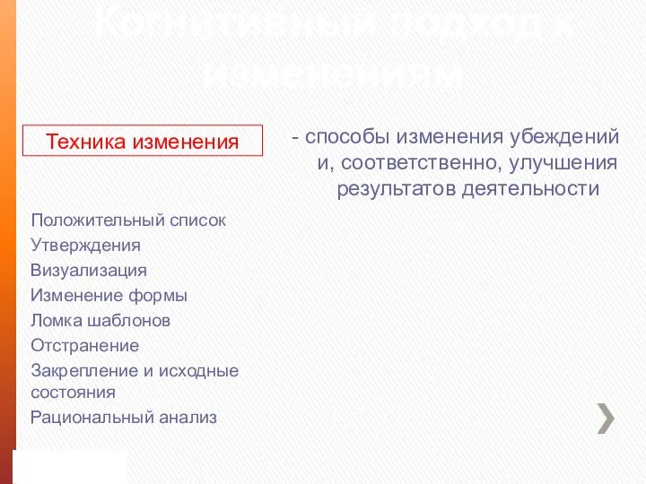 Когнитивный подход к изменениям Положительный список Утверждения Визуализация Изменение формы Ломка