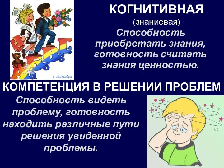 КОГНИТИВНАЯ (знаниевая) Способность приобретать знания, готовность считать знания ценностью. КОМПЕТЕНЦИЯ В