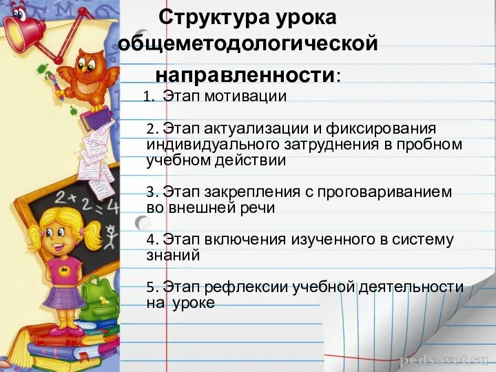 Структура урока общеметодологической направленности: 1. Этап мотивации 2. Этап актуализации и