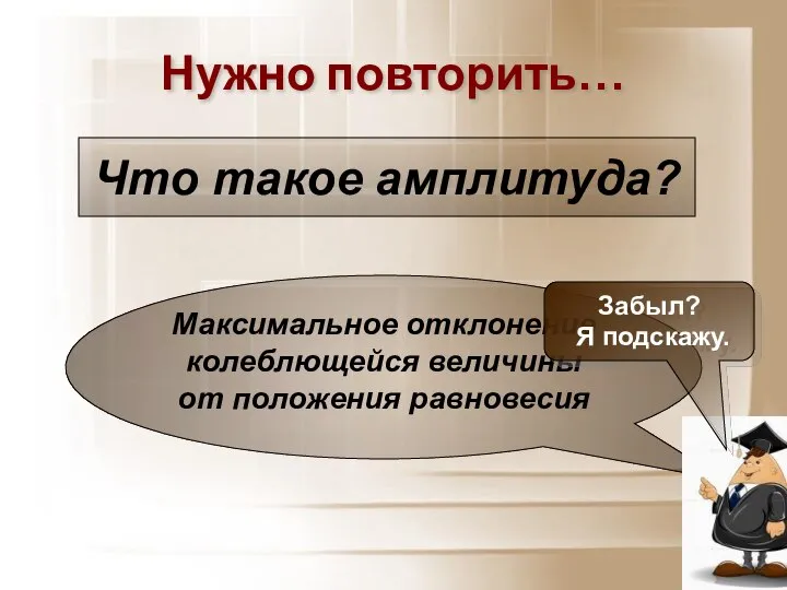 Нужно повторить… Максимальное отклонение колеблющейся величины от положения равновесия Что такое амплитуда? Забыл? Я подскажу.