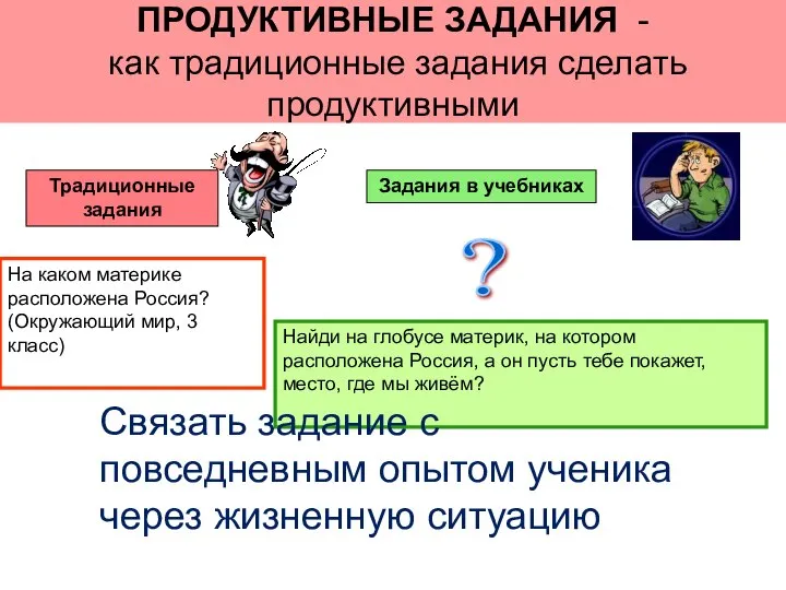 ПРОДУКТИВНЫЕ ЗАДАНИЯ - как традиционные задания сделать продуктивными Традиционные задания Задания