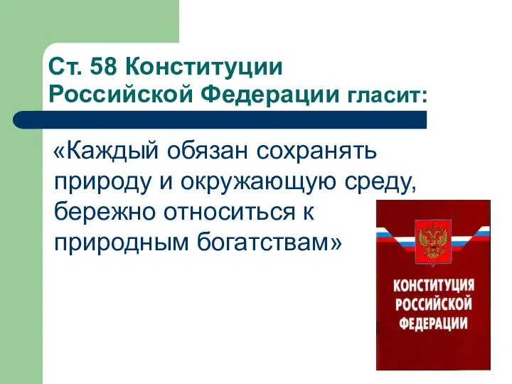 Ст. 58 Конституции Российской Федерации гласит: «Каждый обязан сохранять природу и