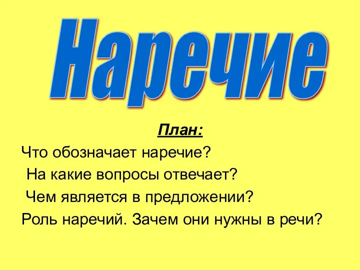 План: Что обозначает наречие? На какие вопросы отвечает? Чем является в