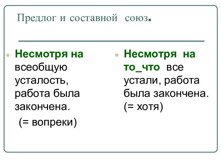 Предлог и составной союз. Несмотря на всеобщую усталость, работа была закончена.