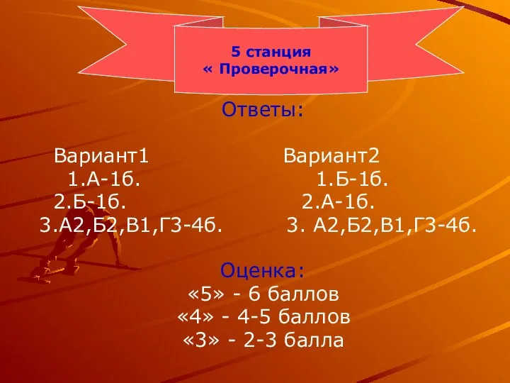 Ответы: Вариант1 Вариант2 1.А-1б. 1.Б-1б. 2.Б-1б. 2.А-1б. 3.А2,Б2,В1,Г3-4б. 3. А2,Б2,В1,Г3-4б. Оценка: