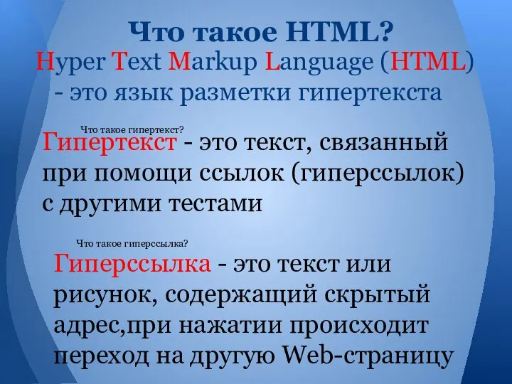 Hyper Text Markup Language (HTML) - это язык разметки гипертекста Что