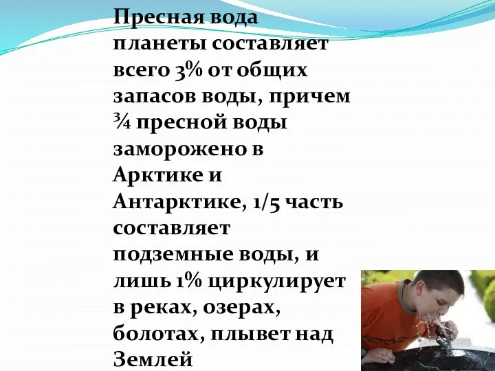 Пресная вода планеты составляет всего 3% от общих запасов воды, причем