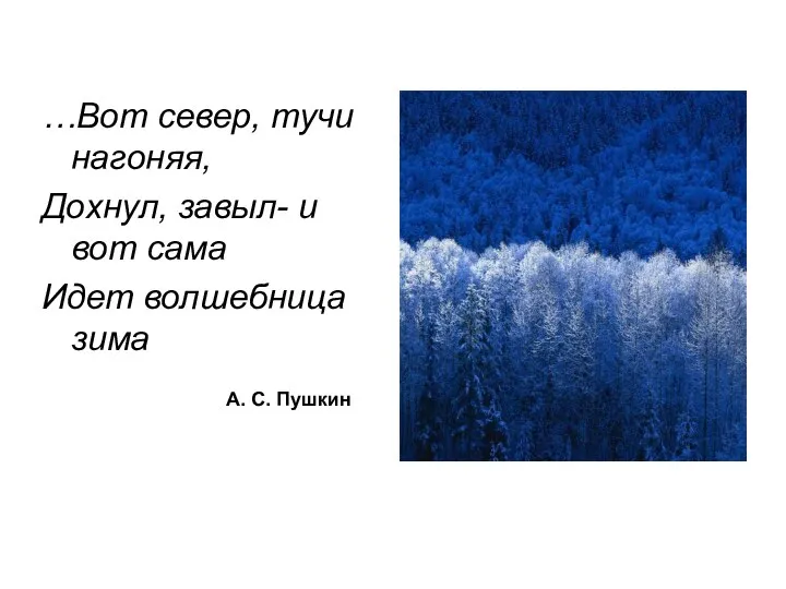 …Вот север, тучи нагоняя, Дохнул, завыл- и вот сама Идет волшебница зима А. С. Пушкин