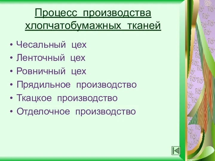 Процесс производства хлопчатобумажных тканей Чесальный цех Ленточный цех Ровничный цех Прядильное производство Ткацкое производство Отделочное производство