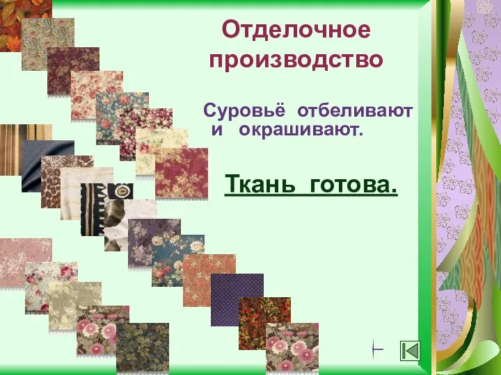 Отделочное производство Суровьё отбеливают и окрашивают. Ткань готова.