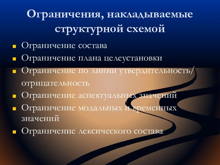 Ограничения, накладываемые структурной схемой Ограничение состава Ограничение плана целеустановки Ограничение по