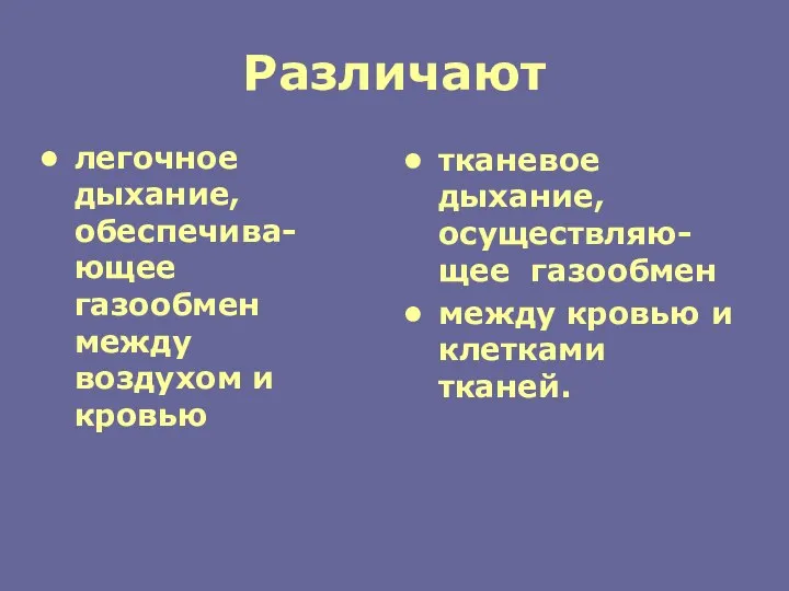 Различают легочное дыхание, обеспечива-ющее газообмен между воздухом и кровью тканевое дыхание,