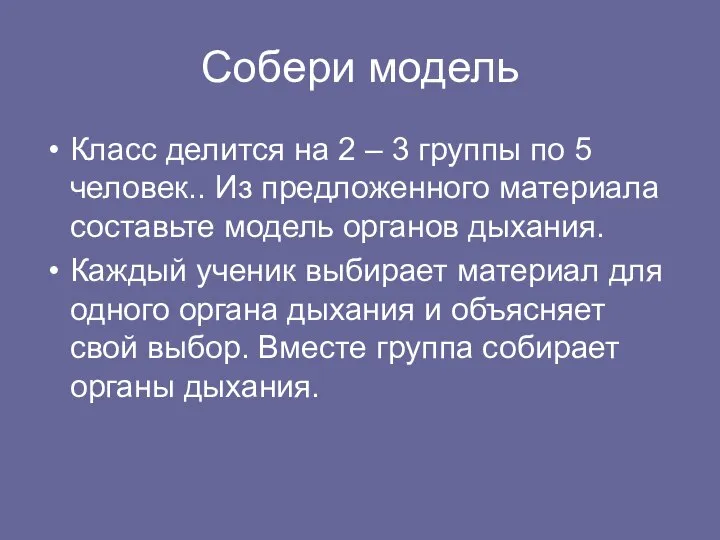 Собери модель Класс делится на 2 – 3 группы по 5