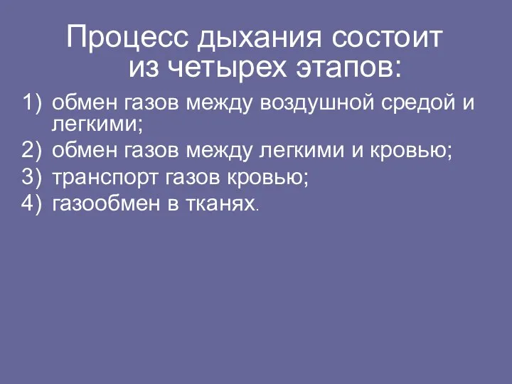 Процесс дыхания состоит из четырех этапов: обмен газов между воздушной средой