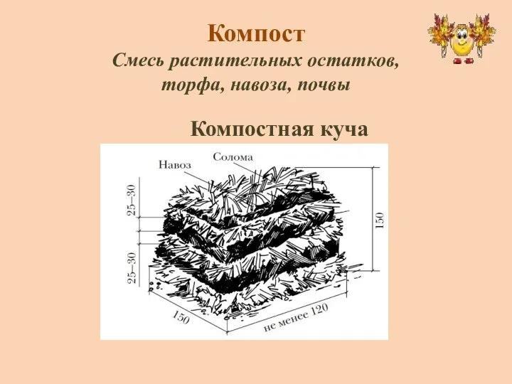 Компост Смесь растительных остатков, торфа, навоза, почвы Компостная куча