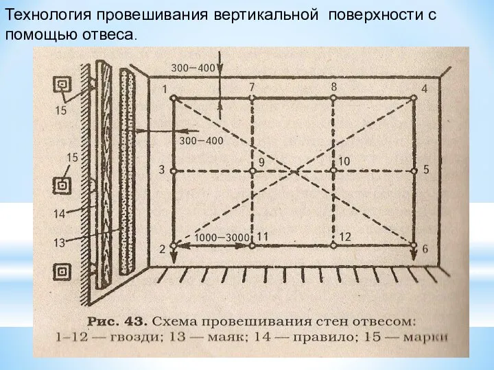 . Технология провешивания вертикальной поверхности с помощью отвеса.