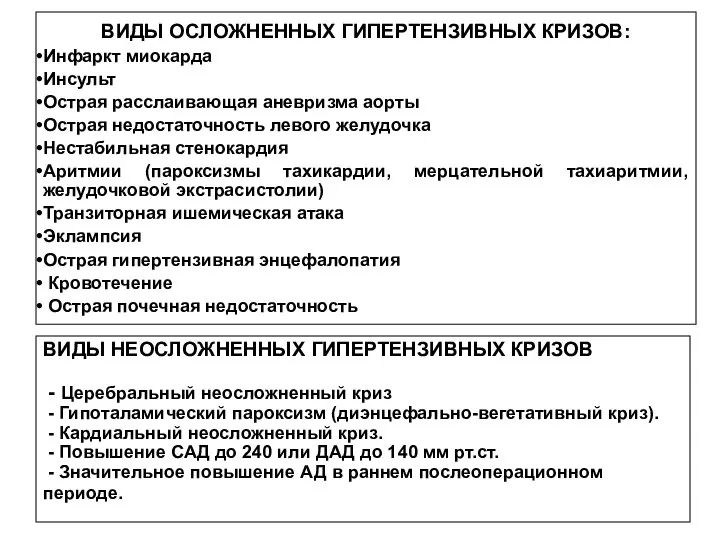 ВИДЫ ОСЛОЖНЕННЫХ ГИПЕРТЕНЗИВНЫХ КРИЗОВ: Инфаркт миокарда Инсульт Острая расслаивающая аневризма аорты