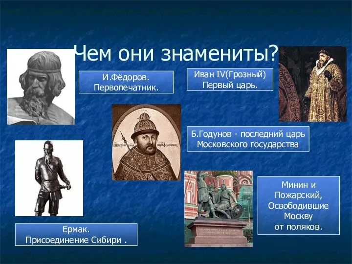 Чем они знамениты? И.Фёдоров. Первопечатник. Ермак. Присоединение Сибири . Иван IV(Грозный)