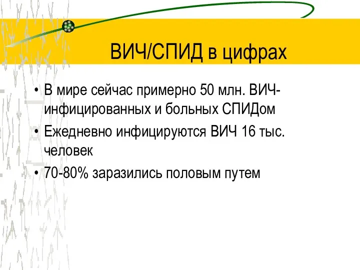 ВИЧ/СПИД в цифрах В мире сейчас примерно 50 млн. ВИЧ-инфицированных и