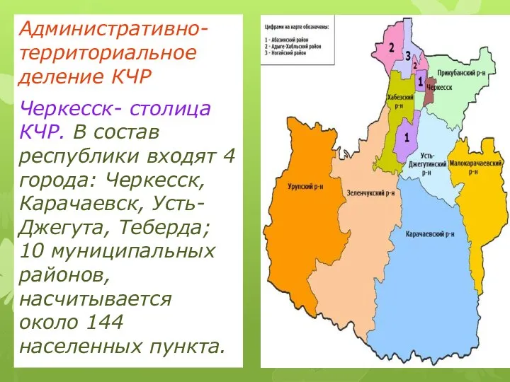 Административно-территориальное деление КЧР Черкесск- столица КЧР. В состав республики входят 4