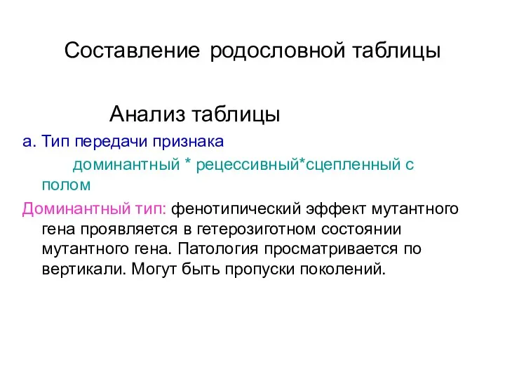 Составление родословной таблицы Анализ таблицы а. Тип передачи признака доминантный *