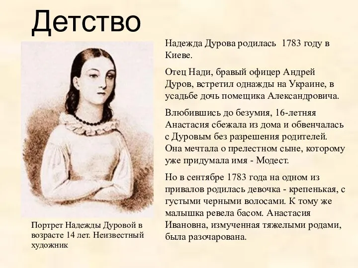 Детство Надежда Дурова родилась 1783 году в Киеве. Отец Нади, бравый