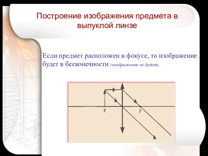 Если предмет расположен в фокусе, то изображение будет в бесконечности (изображения