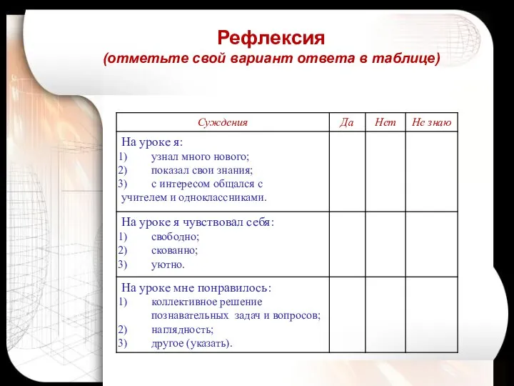 Рефлексия (отметьте свой вариант ответа в таблице)