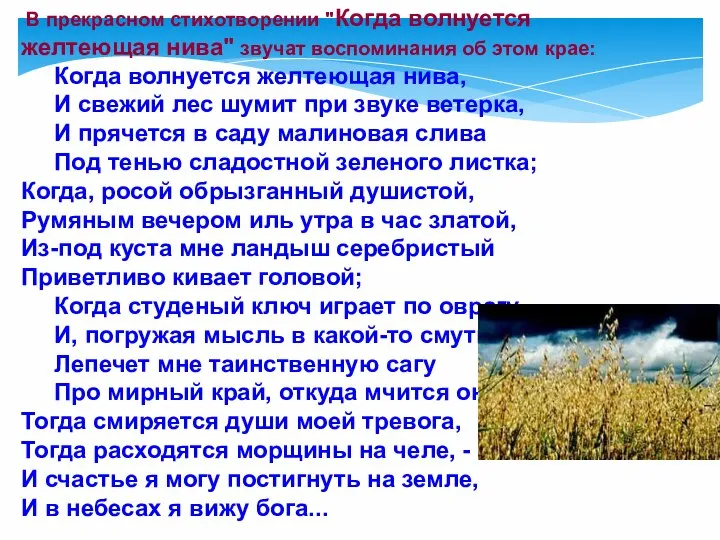 В прекрасном стихотворении "Когда волнуется желтеющая нива" звучат воспоминания об этом