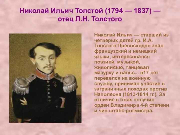 Николай Ильич Толстой (1794 — 1837) — отец Л.Н. Толстого Николай