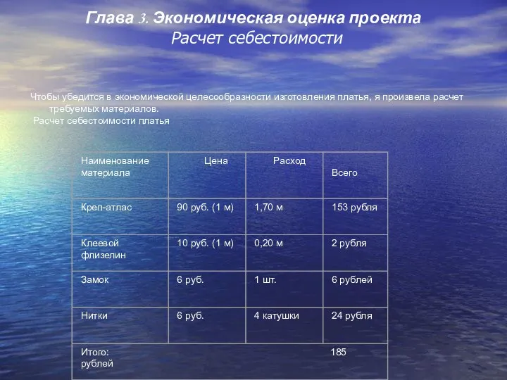 Глава 3. Экономическая оценка проекта Расчет себестоимости Чтобы убедится в экономической