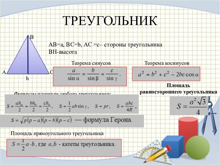 ТРЕУГОЛЬНИК h АВ=a, ВС=b, АС =c– стороны треугольника BH-высота Теорема синусов
